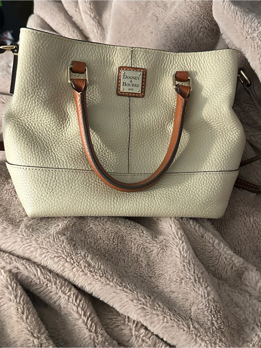 Dooney & Bourke Cream Pebbled Leather Satchel with Brown Trim